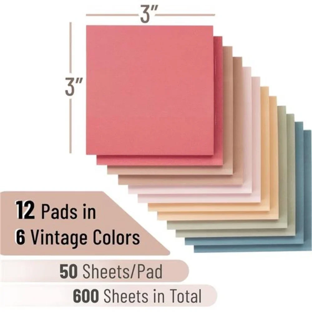 Multicolored Sticky Notes,‎ 3”x3”, 12 Pads, Vintage Colors Pad Sticky Notes